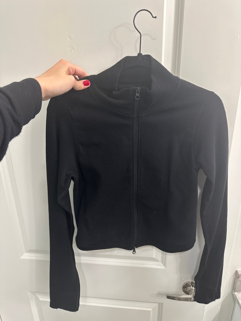 ALO Yoga Black Ribbed Zip-Front Bomber Jacket